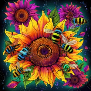 Sunflowers Bees Tumbler Wrap Sunflowers 20oz Tumbler Wrap PNG Sunflowers vibrant colors tumbler Alcohol Ink Sunflower tumbler bee design