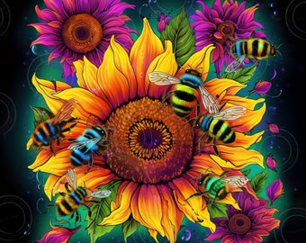 Sonnenblumen Bienen Tumbler Wrap Sonnenblumen 20oz Tumbler Wrap PNG Sonnenblumen leuchtende Farben Becher Alkohol Tinte Sonnenblumen Becher Bienen Design