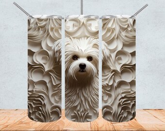 3D Malteser Becher Wrap 20 oz Tumbler Sublimation Design PNG Digital Download Hundeliebhaber Tumbler Illusion Weiß 3D Hund Malteser Drucke
