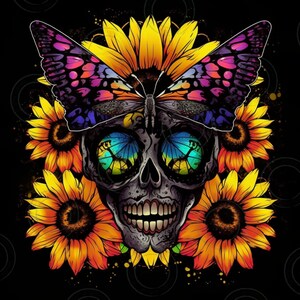 Skull and flowers Tumbler Wrap Butterflies 20oz Tumbler Wrap PNG Sunflowers vibrant colors tumbler Alcohol Ink Sunflower tumbler design