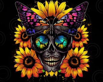 Totenkopf und Blumen Tumbler Wrap Schmetterlinge 20oz Tumbler Wrap PNG Sonnenblumen leuchtende Farben Becher Alkohol Tinte Sonnenblumen Becher Design