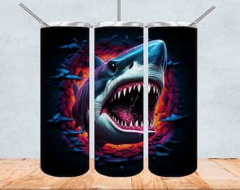 Hai Tumbler Wrap Design 3D Hai im Tumbler Design, 20oz Tumbler Sublimation Hai Angriff Png Geschenk für Männer Hai Poster