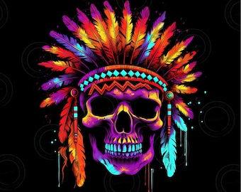 Bunter Totenkopf Indianer Kopfschmuck PNG zur Sublimation auf 20 oz Tumblern Leuchtende Farben Totenkopf Druck digital Totenkopf Shirt Geschenk für Männer