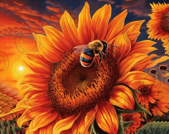 Sonnenblumen-Bienen-Becher-Wrap, 20 oz, Bienen-Print, PNG, Sonnenblume, leuchtende Sonnenuntergangsfarben, Becher, Bienen-Sonnenblumen-Becher-Design, Geschenk für Frauen