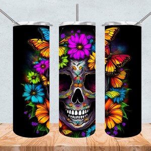 Skull and flowers Tumbler Wrap Butterflies 20oz Tumbler Wrap PNG Sunflowers vibrant colors tumbler Alcohol Ink Sunflower tumbler design