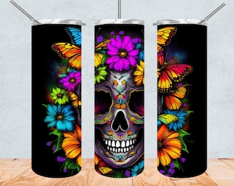 Totenkopf und Blumen Tumbler Wrap Schmetterlinge 20oz Tumbler Wrap PNG Sonnenblumen leuchtende Farben Becher Alkohol Tinte Sonnenblumen Becher Design