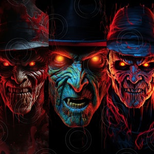 May include: Three creepy, grotesque, and detailed masks with glowing red eyes. Each mask has a different hat and facial features. The masks are set against a dark background with red and orange flames.