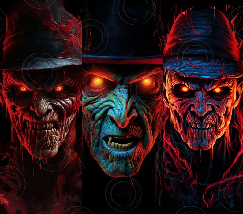 May include: Three creepy, grotesque, and detailed masks with glowing red eyes. Each mask has a different hat and facial features. The masks are set against a dark background with red and orange flames.