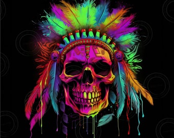 Bunter Totenkopf Indianer Kopfschmuck PNG zur Sublimation auf 20 oz Tumblern Leuchtende Farben Totenkopf Druck digital Totenkopf Shirt Geschenk für Männer