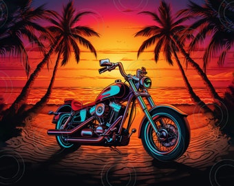 Vintage Motorrad Sonnenuntergang Strand digitale Sublimation Datei Motorrad Png Tumbler Warp