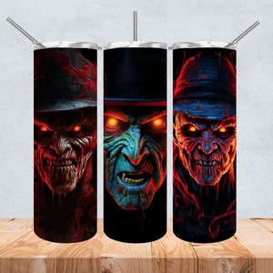 May include: Three stainless steel tumblers with a black and red horror movie character design. The characters have glowing red eyes and are wearing hats.