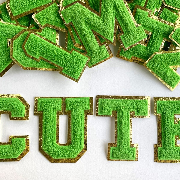 Patch thermocollant Green Glitter Chenille Letters A-Z, Patch lettres, Patch mots, Patch lettres personnalisées, Lettres alphabet, Patchs thermocollants