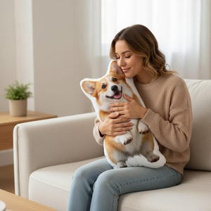 May include: A corgi-shaped pillow with a smiling face, featuring brown, white, and tan fur. The pillow is being held by a person wearing a tan sweater and blue jeans. The pillow is approximately 18 inches long.