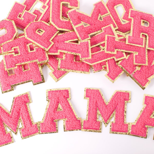 Hot Pink Glitter Chenille Letters A-Z iron-on patch, Letters patch, Words patch, Custom letters patch, Alphabet letters, Iron-on Patches