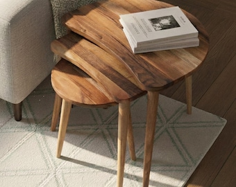 Solid Walnut Round Nesting Side Tables, 3-Piece Mid-Century Accent Set