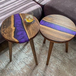 Handmade Live Edge Walnut Epoxy Nesting Tables, 14 Inch, Purple Resin