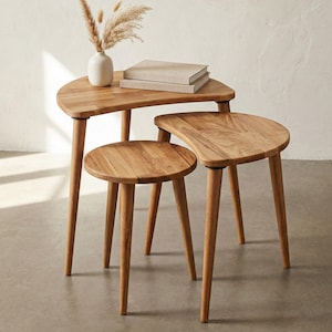 Solid Wood Nesting Coffee Tables Set of 3, Wooden Side Tables, Stackable Space Saving End Tables, Mid Century Living Room Furniture