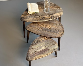 Solid Ash Wood Rustic Nesting Tables, 3-Piece Modern Space-Saving Accent Set