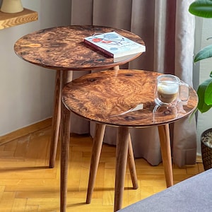 Handcrafted Walnut Burl Round Nesting Tables, 20 Inch, Set of 2 or 3