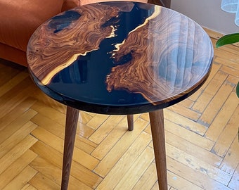 20 Inch Round Black Resin River Coffee Table Handmade Oleaster Wood Side Table Modern Epoxy End Table Living Room Accent Furniture Decor