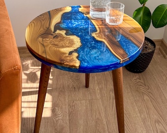 Live Edge Oleaster Wood Resin Round Side Table, 20 Inch Custom Color Options