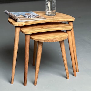 Solid Walnut or Oak Nesting Tables, 3-Piece Mid-Century Modern Accent Set