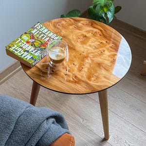 Burl Wood Round Side Table, 20 Inch Elm or Walnut Mid-Century Modern Accent