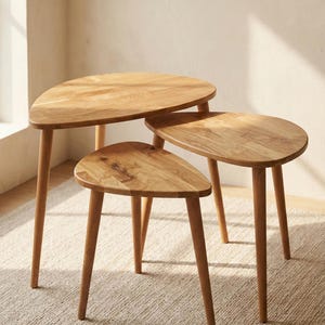3-Piece Solid Oak Nesting Tables, 17-21-26 Inch, Mid-Century Ercol Style
