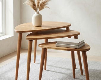 Ercol Style Solid Oak Nesting Side Tables Set of 3 - Handmade Mid Century Modern Wooden End Tables, Stackable Living Room Accent Tables