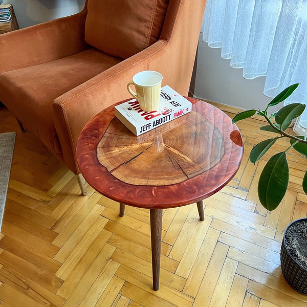 Resin Tree Slice Coffee & Side Table, with Tapered Wooden Legs | Nightstand, End Table | Free Shipping