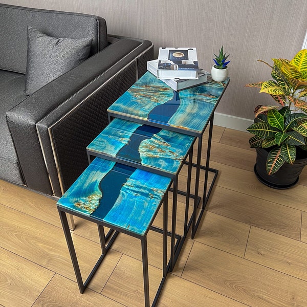 Resin River Nested Coffee Table in Quilted Blue Mappa Burl Wood with C Shape Metal Frames | Individual Tables Available