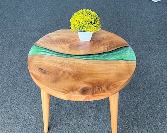 20" Round Epoxy Walnut Side Table & Coffee Table, Live Edge Epoxy Resin River, Tapered Wooden Legs - Handmade with Customizable Resin Color