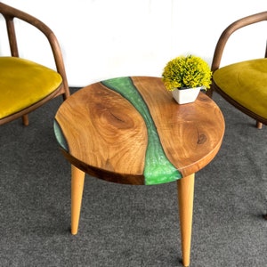 20&quot; Round Epoxy Walnut Side Table & Coffee Table, Live Edge Epoxy Resin River, Tapered Wooden Legs - Handmade with Customizable Resin Color