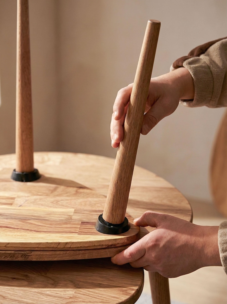 Close-up of assembly process showing a handcrafted solid wood nesting table with a tapered leg being securely fitted into the tabletop. The smooth oak surface reveals natural grain patterns and warm tones, while the leg connection detail highlights sturdy joinery and precision craftsmanship. Hands-on interaction emphasizes easy setup, durable construction, and the quality of real wood materials used in the design.