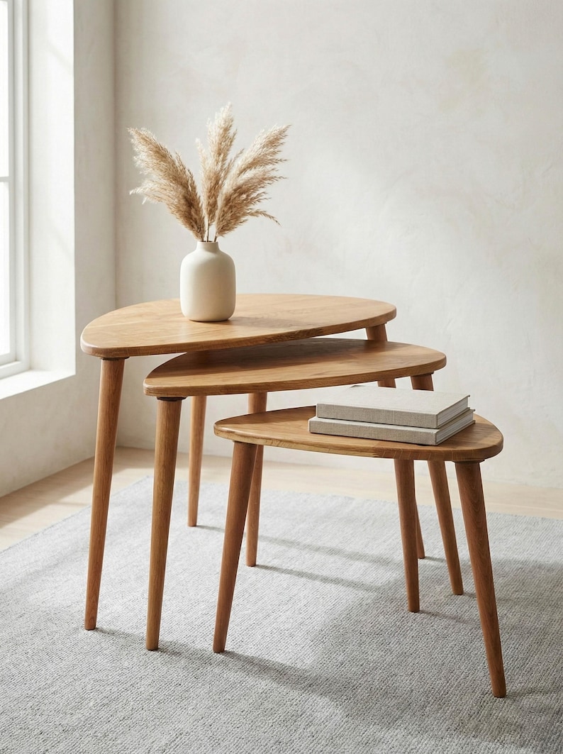 Top view perspective of a handcrafted solid wood nesting table set featuring three organically shaped surfaces in warm natural tones. Smooth rounded edges and tapered legs highlight Scandinavian-inspired minimalist design. The staggered arrangement showcases versatile sizing and space-saving functionality. Soft daylight enhances the subtle wood grain patterns, while a neutral interior setting with a vase and books emphasizes modern, functional elegance.