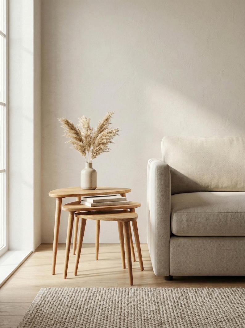 Lifestyle scene of a handcrafted solid wood nesting table set placed beside a neutral fabric sofa in a bright minimalist interior. Three organically shaped tables with smooth rounded edges and tapered legs are stacked together, showcasing space-saving functionality. Natural oak grain and warm tones are enhanced by soft daylight from the window, while a ceramic vase with dried pampas grass and stacked books add a calm, modern styling touch.