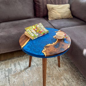 20&quot; Round Live Edge Blue Resin Side Table made with Wild Olive Wood, Small Coffee Table, End Table with Wooden Tapered Legs, Matte Finish