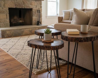 Live Edge Walnut Coffee Tables: Rustic Bark-edged Side Table Set