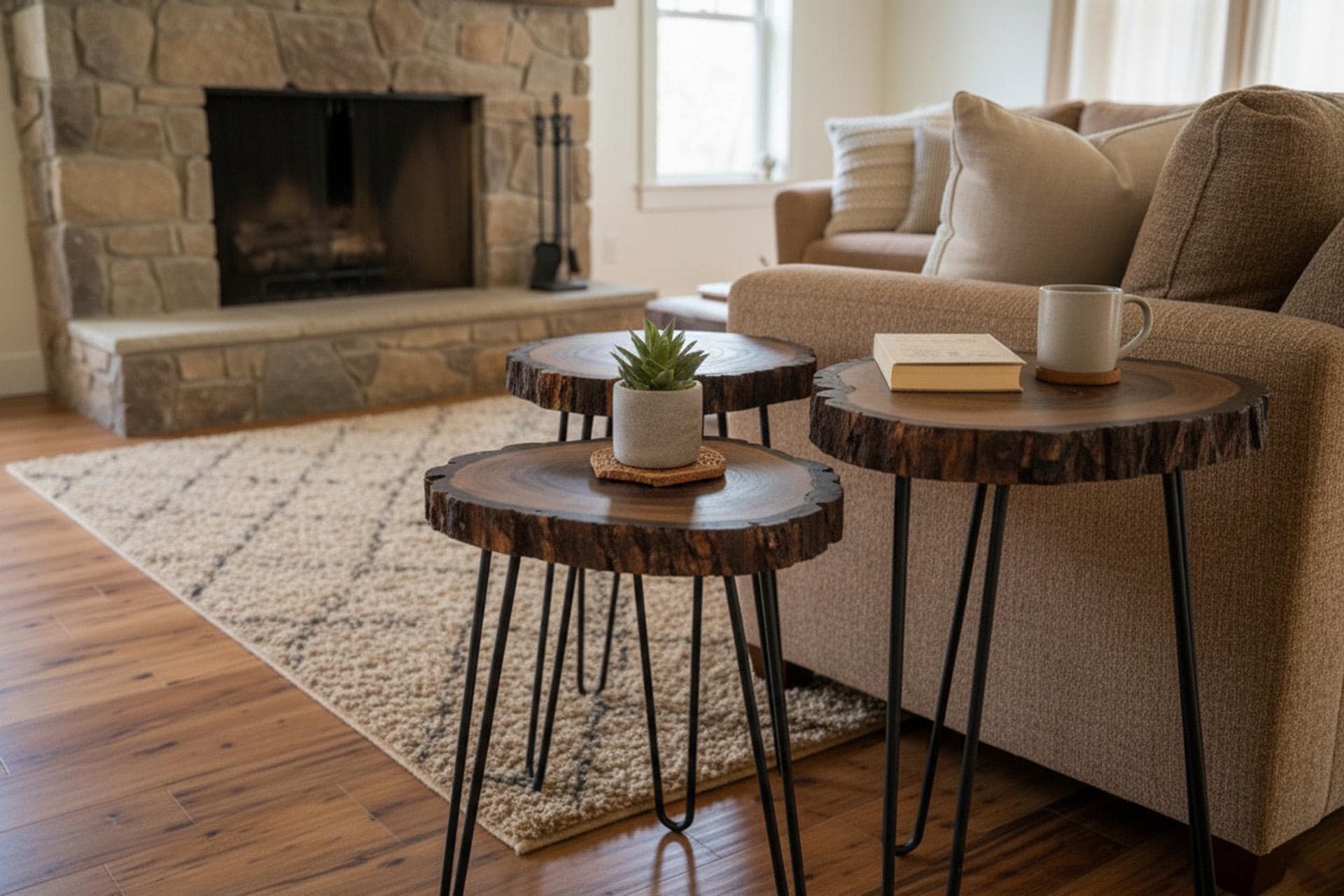 Live Edge Walnut Coffee Tables: Rustic Bark-edged Side Table Set