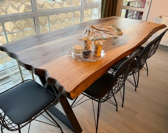 Custom Solid Walnut Dining Table, Mid-Century Modern Metal Base Kitchen Desk
