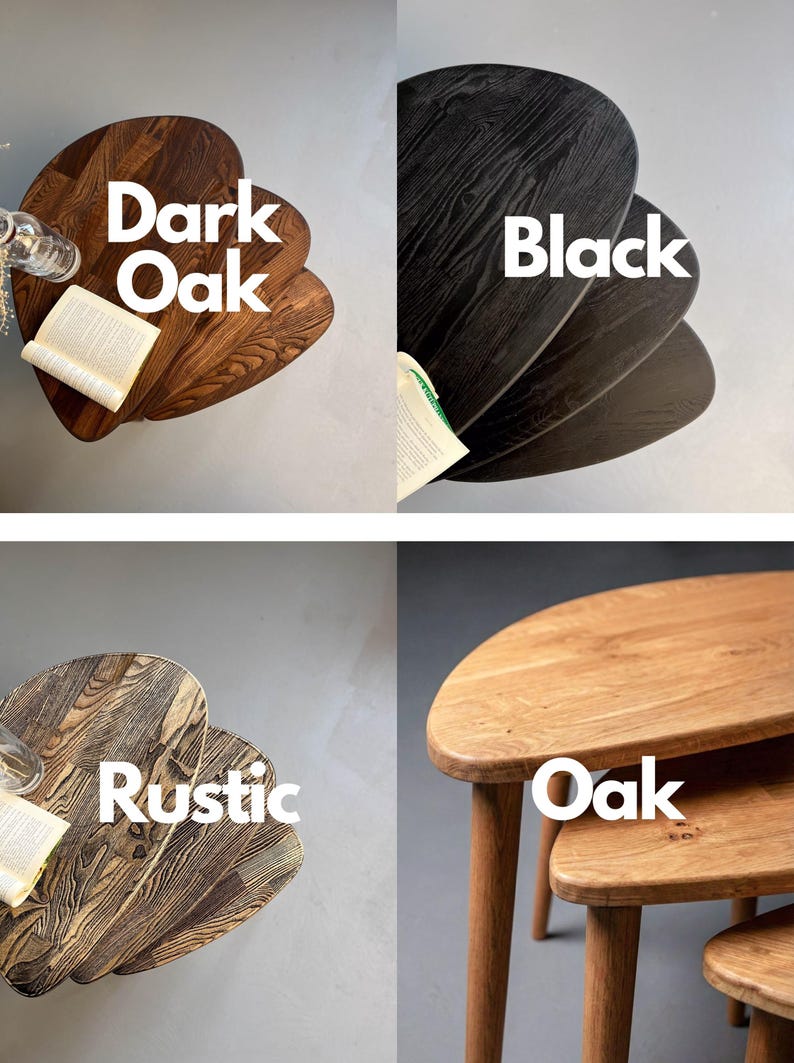 Collage showing four finish options of a handcrafted solid wood nesting table set with organically shaped tops and tapered legs. Variants include dark oak, black, rustic textured wood, and natural oak, each highlighting unique grain patterns and tones. Top-down and angled views emphasize smooth rounded edges and layered nesting design, with styled elements like a book and glass accent enhancing the warm, modern presentation.