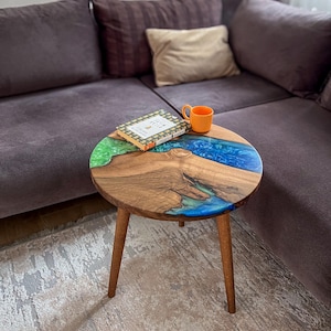 20&quot; Round Resin River Side Table: Walnut Wood, Green & Blue Epoxy