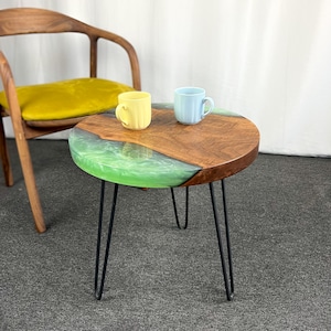 20&quot; Epoxy Walnut Coffee Table & Side Table, Live Edge Resin River Table, Customizable Resin Color | Free Shipping, Free Metal Hairpin Legs