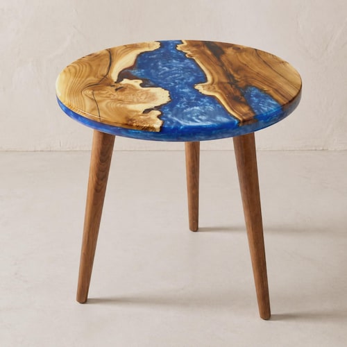 Live Edge Oleaster Wood Resin Round Side Table, 20 Inch Custom Color Options