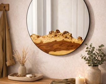 20 Inch Round Live Edge Oleaster Wood Mirror, Decorative Burl Wood Wall Mirror for Entryway, Luxury Aesthetic Wooden Frame Statement Mirror