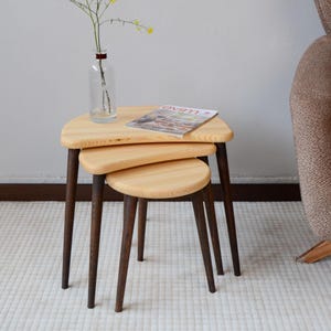 Solid Pine Nesting Coffee Table Set: Mid-Century Modern Side Tables