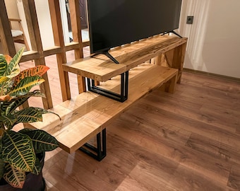 Adjustable Chestnut Wood TV Stand, Solid Wood Media Console, Modern Entertainment Center, Low Profile TV Unit, Living Room Furniture