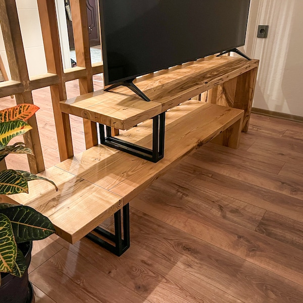 Verstelbare lengte massief houten decoratieve tv-standaard, tv-eenheid plank, tv-tafel, minimalistisch design tv-meubel, boerderij houten tv-standaard