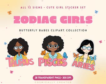 Zodiac Girl Clipart | Cute Black Girl Zodiac Stickers | 28 PNG Astrology Sticker Set | All 12 Signs | Digital Download Planner Goodnotes
