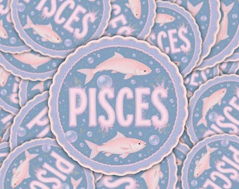 May include: A set of pastel blue and pink stickers with the word "Pisces" in a pink bubble font. The stickers feature a pair of pink fish swimming in a circle of bubbles.
